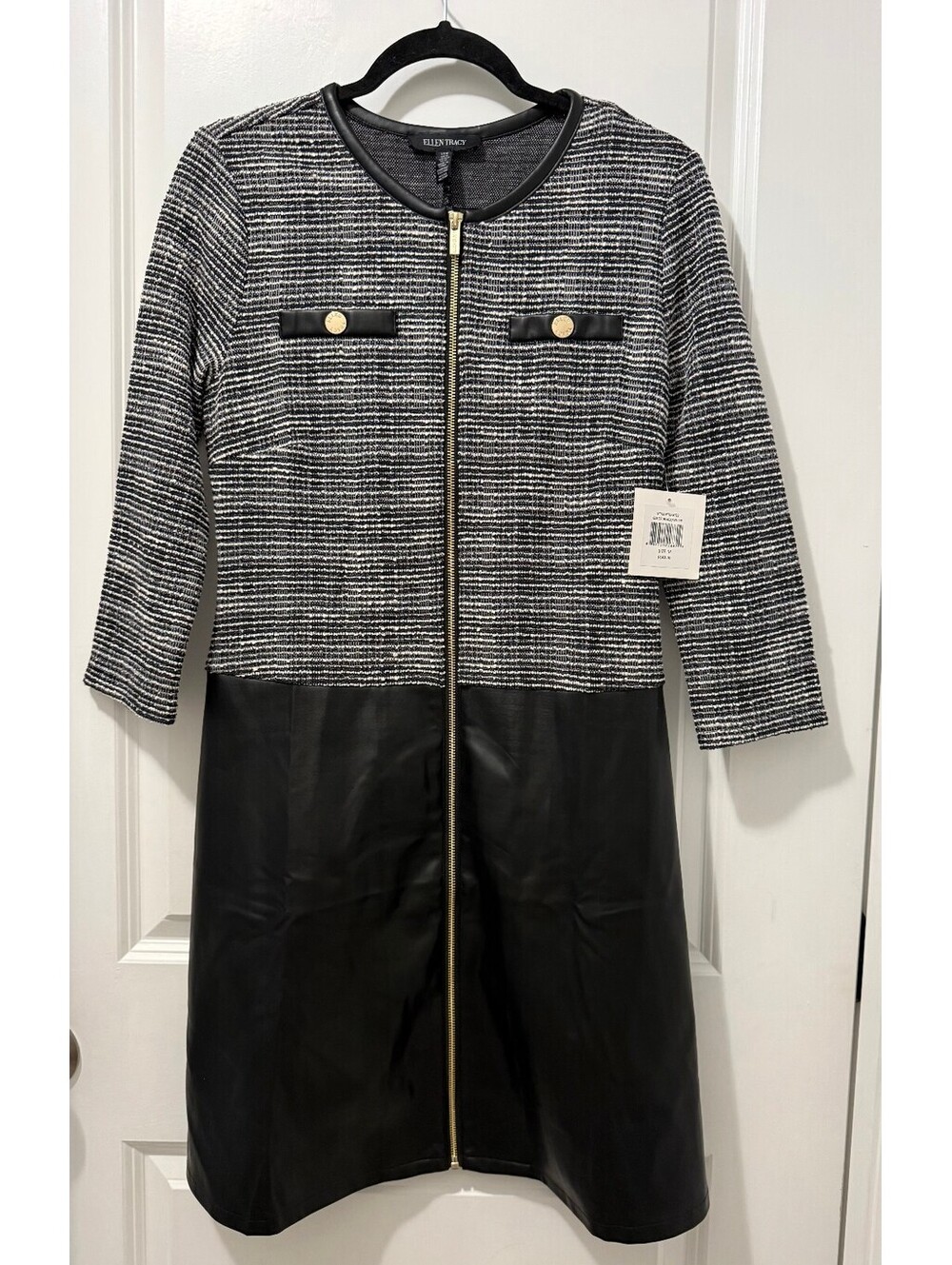Ellen Tracy Tweed & Faux Leather Zip Dress, Size M, NWT